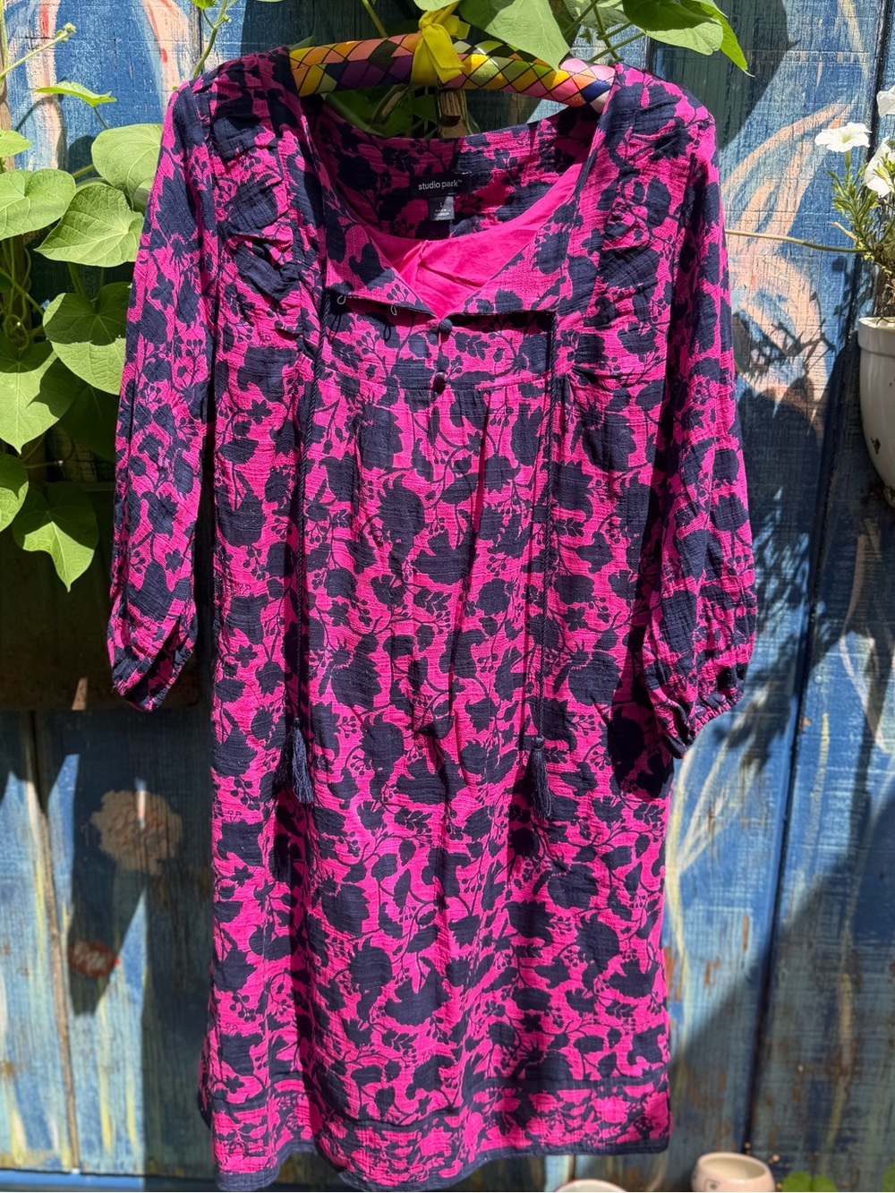 Coastal Boho- Studio Park Fuchsia & Navy Linen Cotton Tunic Dress •Size L•